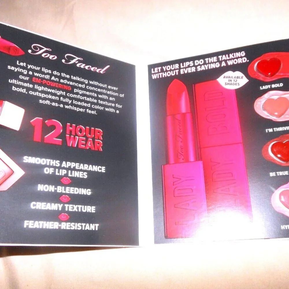 2 x Too Faced Lady Bold Lipstick 4 Samples Smooths Creamy Feather Resistence